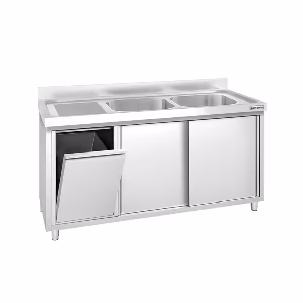 Стіл‑тумба з мийкою PREMIUM - з нержавіючої сталі AISI 304 - 1400x600 мм - з AIR-WOLF - відром для сміття - 2‑секційна справа
