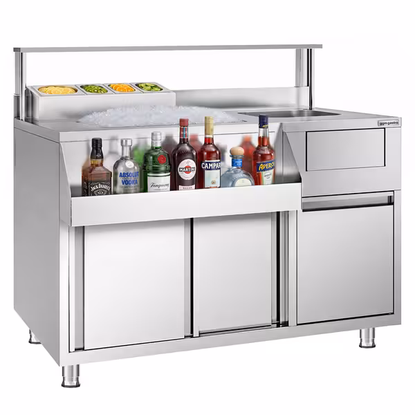 Cocktail-työpöytä - ruostumatonta terästä - 1200x720 mm - 2 liukuovella & 1 allas oikealla & 4 GN 1/6 -paikkaa