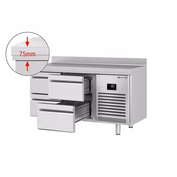 Kylmätiski Premium PLUS - 2452x600mm - 2 lasiovella, 8 vetolaatikolla ja takanostolla