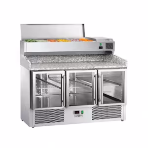Rashladni pult za pripremu pizze ECO - 1400x700 mm - Sa 3 staklena vrata - Uklj. rashladnu nadograđenu vitrinu - 6x GN 1/4