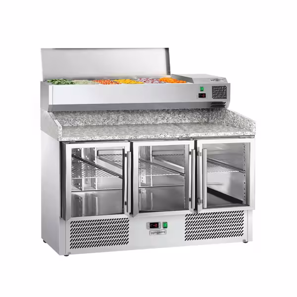 Pizzakühltisch ECO - 1400x700mm - mit 3 Glastüren - inkl. Kühlaufsatzvitrine - 6x GN 1/4