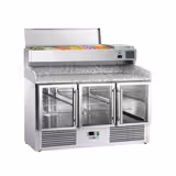 Banco pizza refrigerato ECO - 1400x700mm - con 3 porte in vetro - piano in granito - con vetrina ingredienti refrigerata superiore - 6x GN 1/4