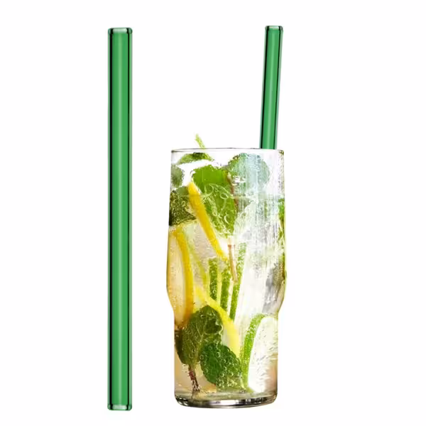 (50 pcs) Glass Drinking Straws - 200mm - ø 8mm - straight - Green - incl. 1 Nylon cleaning brush