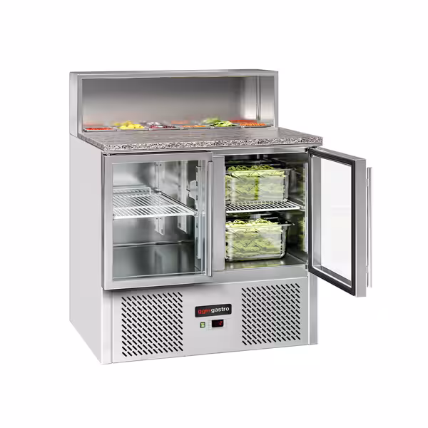 Saladette ECO - 903mm - 2 glazen deuren - met RVS deksel voor 5x GN 1/6 - granieten werkblad