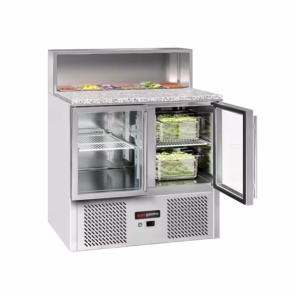 Saladette ECO - 903mm - 2 glazen deuren - met RVS deksel voor 5x GN 1/6 - granieten werkblad