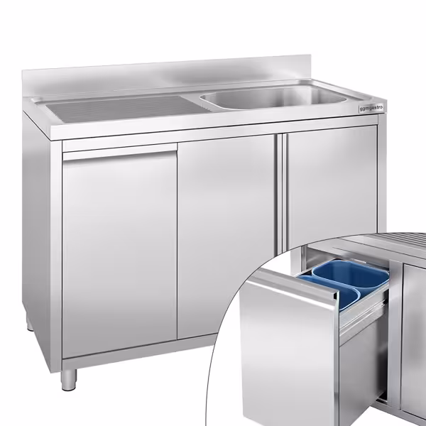 Commercial sink cabinet - 1200 x 600 mm - With waste bin and 1 sink (right)