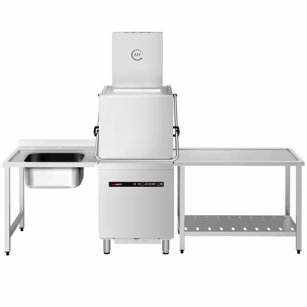 Durchschubspülmaschine - Digital - 8,7 kW - mit Wärmerückgewinnung, Reiniger-, Klarspüler- & Laugenpumpe - inkl. Zulauftisch links - & Ablauftisch rechts