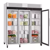 Armoire réfrigérée vitrée positive en acier inoxydable AISI 430 ECO - 1800 L - avec 3 portes vitrées & 9 grilles - Roulettes - Classe climatique 4