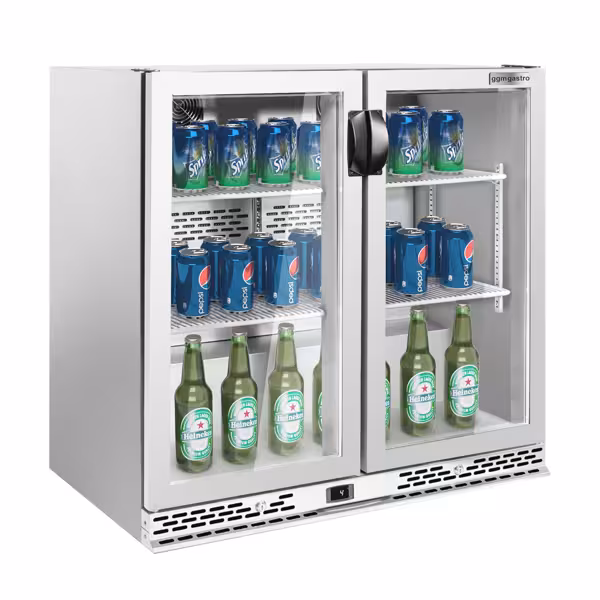 Barkoelkast PREMIUM PLUS - 900mm - 220 Liter - met 2 glazen klapdeuren - RVS