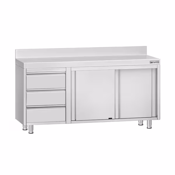 Gesloten RVS werktafel KOPENHAGEN ECO - 1600x600mm - met schuifdeuren, 3 laden links - met achteropstand