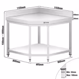 Mesa de trabalho de canto de aço inox PREMIUM - 1150x800mm - com base e rebordo posterior