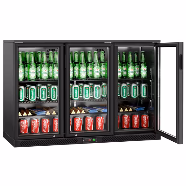 Commercial Back Bar Cooler 3 Glass Swing Doors 320 L PREMIUM – Black - 1,350 mm - UK Plug G - +2 to +8 °C