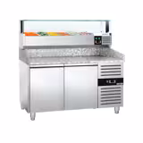 Chladicí stůl na pizzu PREMIUM - 1500x800 mm - se 2 dveřmi - se žulovou pracovní deskou - vč. chladicí nástavbové vitríny s LED osvětlením - 5x GN 1/3 + 1x GN 1/2