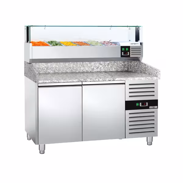 Pizzawerkbank PREMIUM - 1500x800mm - met granieten werkblad - met 2 deuren - incl. glasvitrine LED - 5x GN 1/3 + 1x GN 1/2