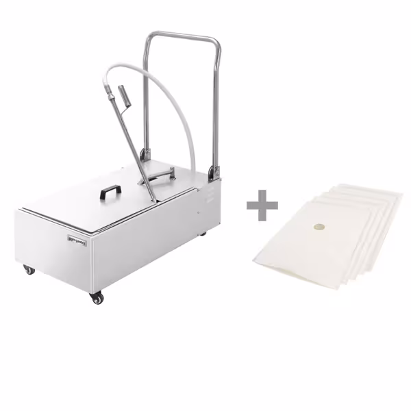 Filtro olio per friggitrice | Sistema di filtraggio dell’olio (mobile) - 450x890x880mm, 48L, 48L/min, 370W, 220-240V, 50Hz - acciaio inox | con ruote | motore silenzioso 55dB | maniglie termoisolanti - incl. 5 filtri