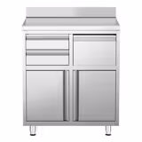 Tavolo armadiato in acciaio inox - 800x600mm - con 2 porte a battente + 2 cassetti - con alzatina