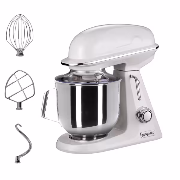 Planetenrührmaschine - 7 Liter - 350 Watt - inkl. 3 Rühraufsätze & Spritzschutz - Milch-Weiß