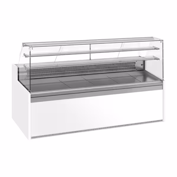 Commercial Serve Over Counter Cake Display Fridge 2560mm – LED lighting – 2 shelves – +4 to +8 °C – square front glass – 4.58 m³