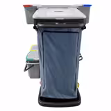 Cleaning trolley – with 6 containers, mop wringer, laundry bag & shelf