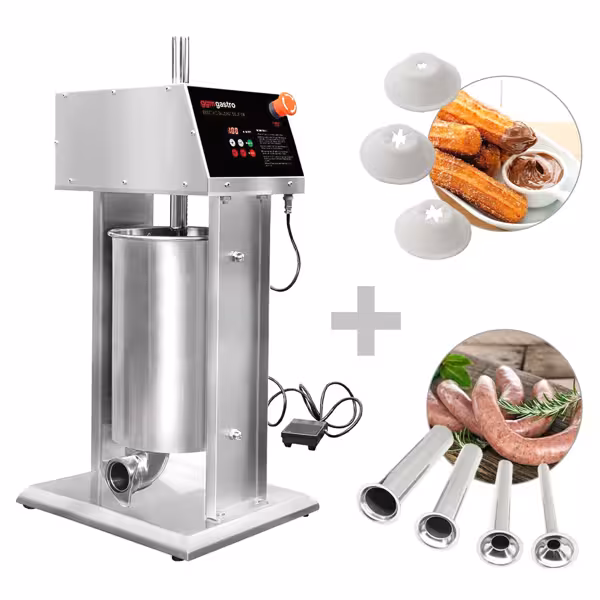 Embutidora de salchichas ELÉCTRICA vertical + Churrera - 15L - 90W - con pedal - Acero inoxidable - con 4 tubos de embutición y 3 boquillas para churros