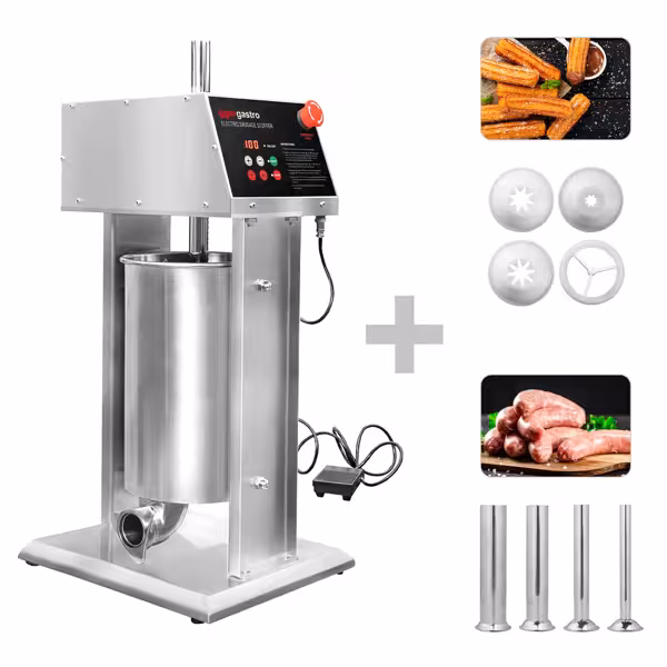Electric Sausage Filler & Churro Maker - 15L - 90W - Stainless Steel - incl. foot control & 3 sausage-filler nozzles