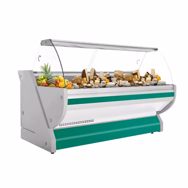 Serve Over Counter - 2515x1150mm - green front - meat lighting - illuminated front panel - granite worktop