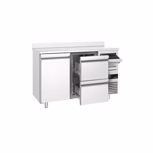 Commercial Refrigerated Back Bar Counter PREMIUM - 1580x600x1150mm - with 1 Door & 2 Drawers, upstand & knock box for coffee - Stainless Steel