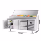 میز یخچالی آماده سازی - 1960*600 میلیمتر - دو درب و 11x GN 1/4 دو کشو - ویترین استیل