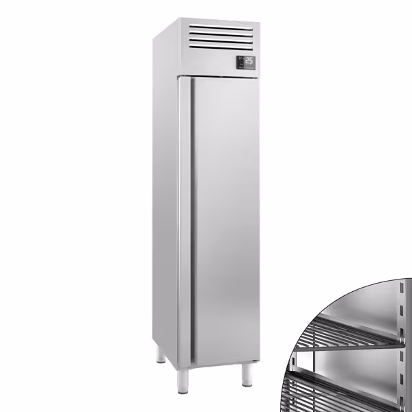 Hűtőszekrény Rozsdamentes acél PREMIUM PLUS - GN 1/1 - 325 l - akár −2…+6 °C - mit 1 ajtó - Légkeveréses hűtés, automatikus leolvasztás, belső LED világítás, zárható ajtó