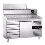 Table réfrigérée à pizza PREMIUM - 1500 x 800 mm - avec 1 porte et 7 tiroirs - incl. vitrine réfrigérée - 7 x GN 1/4