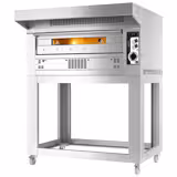 Four à pizza PROFESSIONNEL à gaz - Sole en pierre réfractaire - 1 x 6 pizzas Ø35cm - 230V - Commandes mécaniques - jusqu’à 400°C - incl. Hotte & Support - avec Roulettes