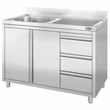 Móvel de lavagem em aço inoxidável Profissional - 1200x600mm - com 1 cuba à direita - com escorredor à esquerda - 3 gaveta(s)