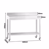 Edelstahl Arbeitstisch PREMIUM - 1000x700mm - mit Grundboden, Aufkantung & Rollen