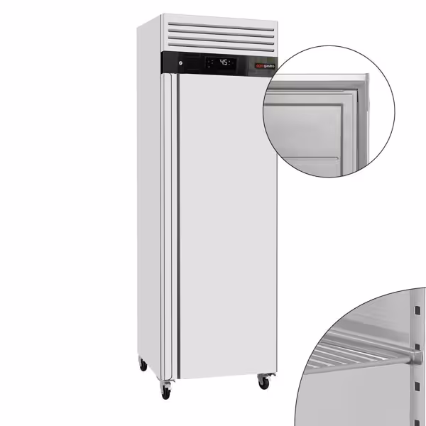 Koelkast RVS ECO - GN 1/1 - EN 600x400 - 680mm - 375liter - tot +8°C - met 1 deur - geforceerde koeling, automatische ontdooiing, slot, wielen, roosters & rvs rails