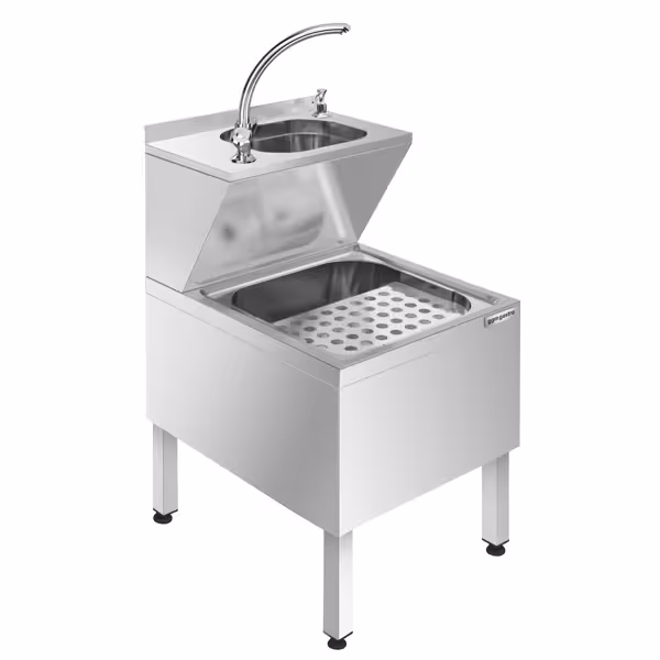 Lavamanos integral - acero inoxidable - con grifo mezclador monomando, (conexión de agua fría y caliente), peto trasero, dispensador automático de jabón de acero inoxidable