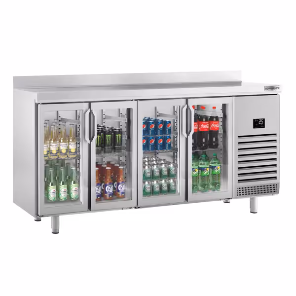 طاولة مبردة PREMIUM PLUS - 2452x700mm - 630 لتر - مع 4 أبواب زجاجية مفصلية، زجاج مزدوج & إضاءة LED