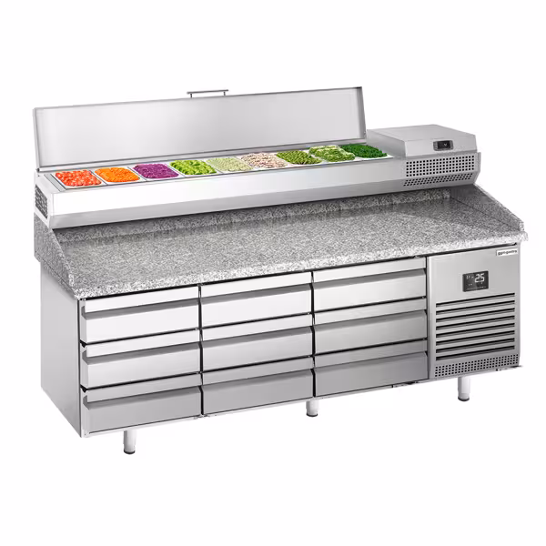Pizzawerkbank PREMIUM PLUS - 1980x700mm - met granieten werkblad - met 9 laden - incl. opzetkoelvitrine - 9x GN 1/4