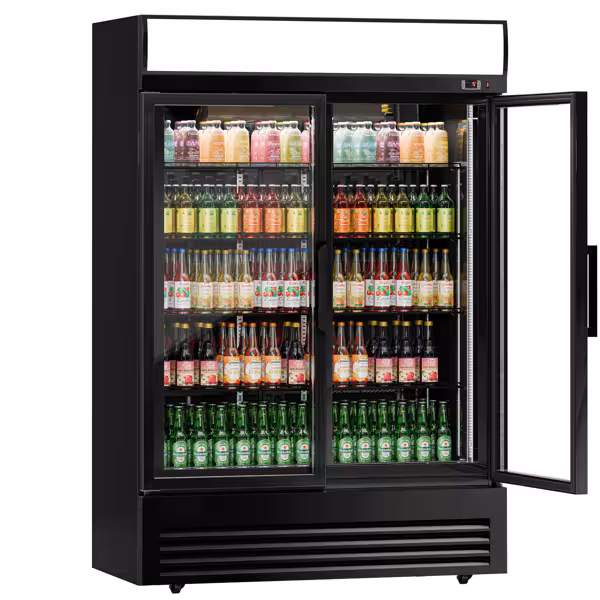 Frigorífico de bebidas Profissional - 1295mm - 880L - porta com dobradiças em vidro & iluminação LED - display digital de temperatura - Preto - faixa de temperatura +2–+8°C