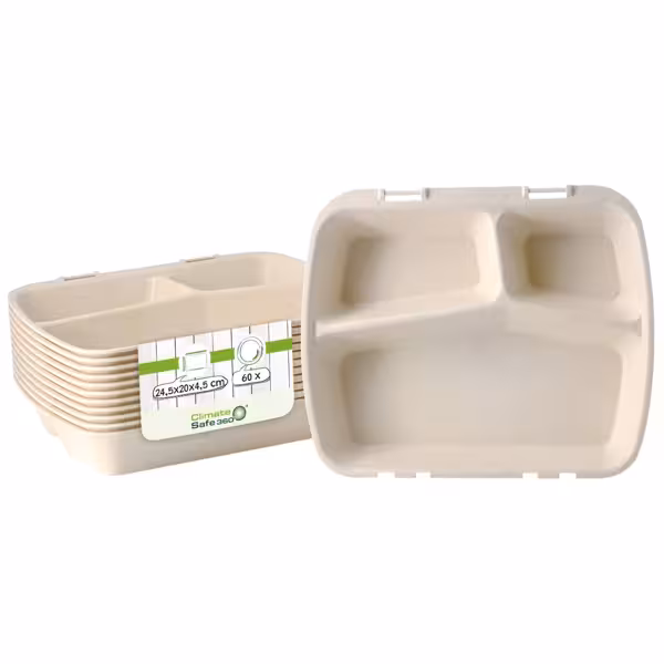 (60 szt.) Pojemnik wielorazowy na wynos 3‑komorowy - 1L - Biokompozyt - 245x200x45mm - Kremowobiały - Możliwość sztaplowania