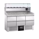 Table réfrigérée à pizza PREMIUM - 1400 x 700 mm - avec 6 tiroirs 1/2 - incl. vitrine réfrigérée avec 6 x GN 1/4