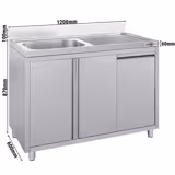 Móvel de lavagem em aço inoxidável Profissional - 1200x600mm - com lixeira e 1 cuba à esquerda - com escorredor à direita