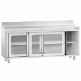 Gesloten RVS werktafel PREMIUM - 1800x600mm - met 2 glazen schuifdeuren - met achteropstand