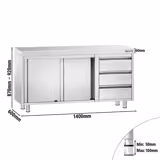 Rozsdamentes acél munkaszekrény PREMIUM - 1400x600 mm - tolóajtós, 3 fiókos – jobb oldali fiókblokk