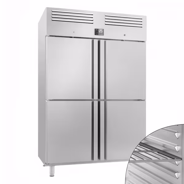 Koelkast RVS PREMIUM PLUS - GN 1/1 - GN 2/1 - 1385mm - 1240liter - tot +2°C tot +8°C - met 4 halve deuren - geforceerde koeling, LED‑verlichting, automatische ontdooiing, slot & legroosters