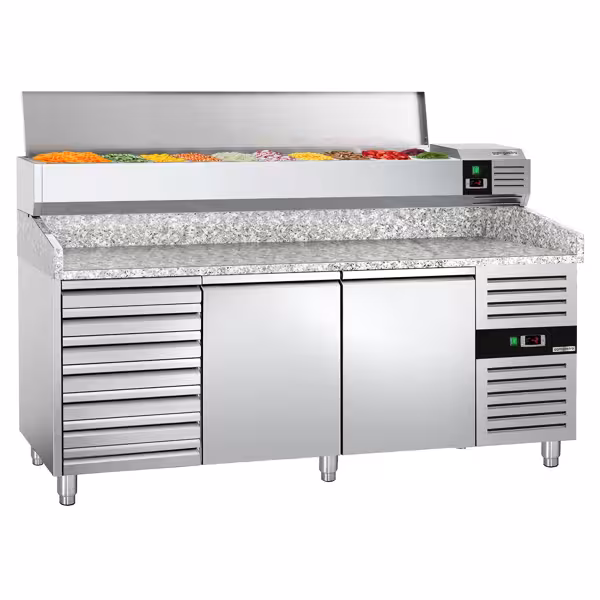 Commercial Pizza Prep Counter - Granite Top PREMIUM - 2000x800mm - with 2 doors & 7 drawers - incl. refrigerated topping unit with glass sneeze guard LED - 10x GN 1/4