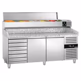 Pizzawerkbank PREMIUM - 2025x800mm - met granieten werkblad - met 2 deuren & 7 laden - incl. glasvitrine LED - 10x GN 1/4