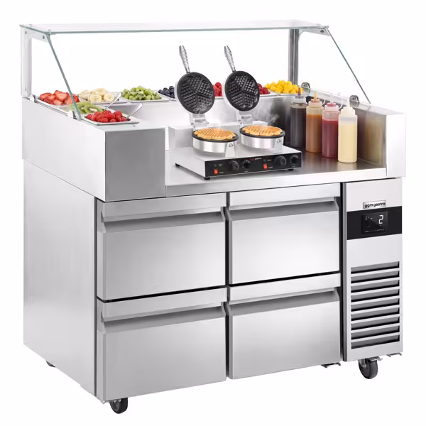 Mesa de preparação refrigerada - 1210x700mm - com 4 gavetas - para 9x GN 1/6 - incl. Máquina de waffles