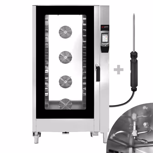 El- Kombiugn - Touch - 7'' pekskärm - 20x GN 1/1 - inkl. Automatiskt rengörings- och spülsystem, Kärntemperaturnål & Tablettvagn