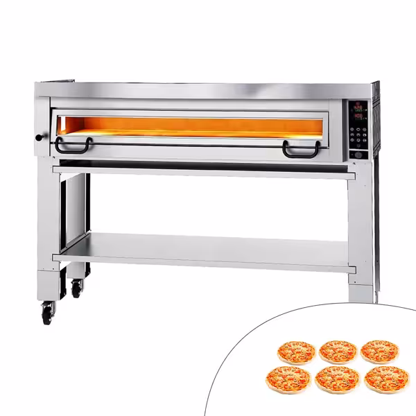 Elektrische pizzaoven (chamotte bakvloer) - 1462x1010x1135mm - 1 kamer - 1x6 pizza’s Ø34cm - tot 450°C - Touch - incl. rvs afzuigkap & onderstel met wielenset