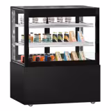 Vitrine Refrigerada Panorâmica MADRID Self-Service - 435L - 1000mm - Vidro duplo - com 2 prateleiras de vidro - portas traseiras de correr - incl. cortina noturna - para pastelaria/bolos - Preto mate